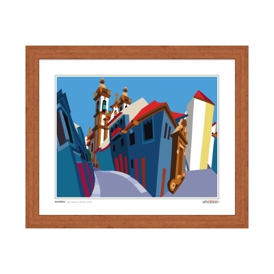 Ilustração digital colorida de edifícios e igreja com torres em quadro com moldura castanha