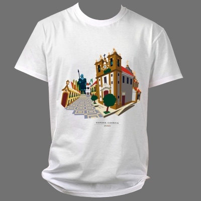 T-shirt branca com ilustração de edifício histórico e estátua