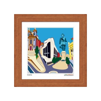 Quadro ilustrativo dos monumentos de Porto com moldura em madeira castanha.