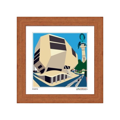 Ilustração moderna de edifício em moldura de madeira castanha