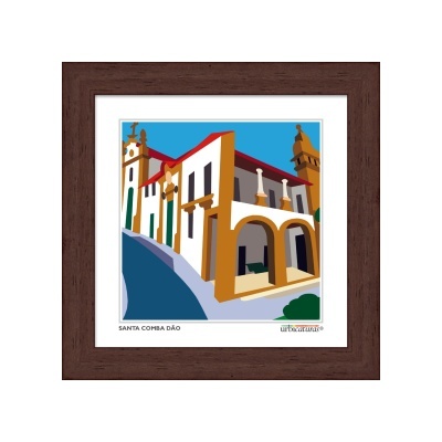 Quadro com gravura colorida de edifício histórico em Santa Comba Dão com moldura castanha