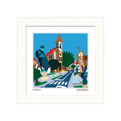 Quadro ilustrativo urbano colorido com edifícios históricos e estátuas em Tondela.