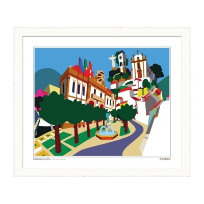 Ilustração colorida emoldurada de uma rua com árvores, fonte e igrejas em estilo gráfico