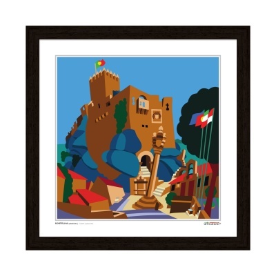 Ilustração colorida de castelo e edifícios em moldura preta