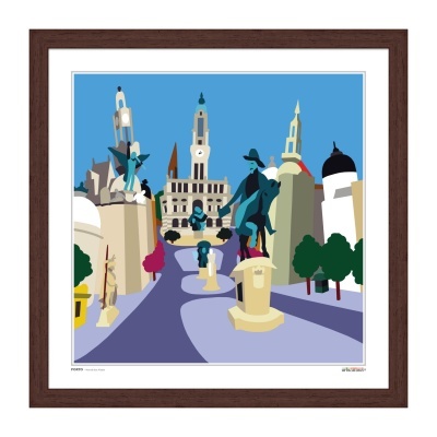 Ilustração de praça com estátuas e edifícios coloridos numa moldura de madeira escura