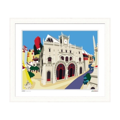 Ilustração colorida de edifício histórico com arcos vermelhos e torre de relógio em moldura branca