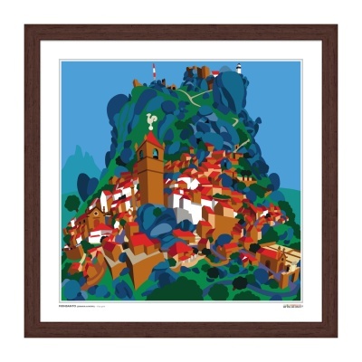 Gravura artística de vila colorida com torre e colinas emoldurada