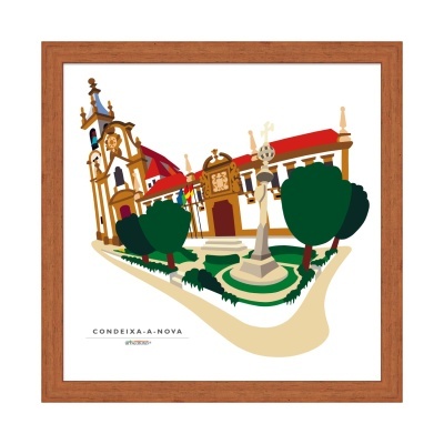 Ilustração de edifício histórico e árvores com caminho, texto CONDEIXA-A-NOVA