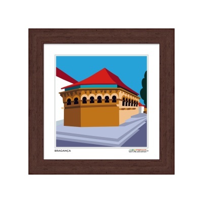 Quadro moderno colorido de edifício com telhado vermelho e janelas arqueadas