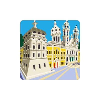 Ilustração de edifícios históricos com cúpulas e torres em amarelo e branco sob céu azul