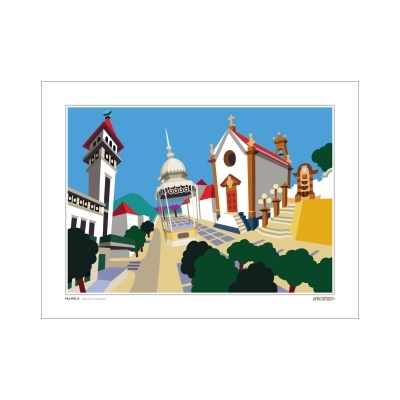 Ilustração de edifícios históricos coloridos com céu azul e vegetação