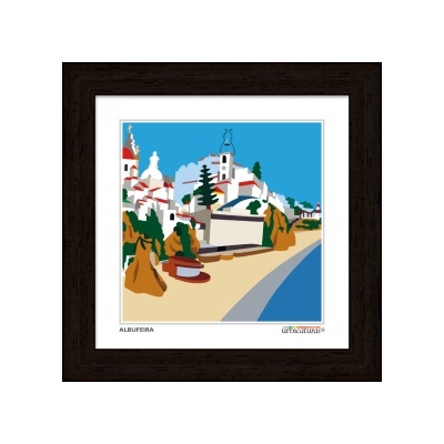 Ilustração colorida de paisagem marítima em moldura preta