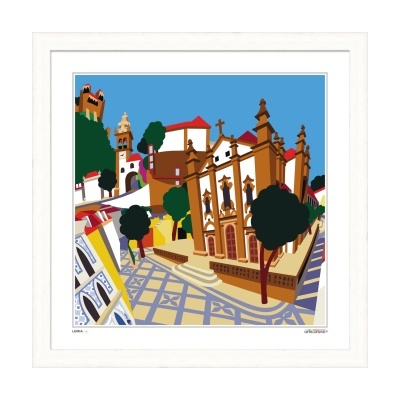 Ilustração colorida de edifício histórico com árvores em quadro branco