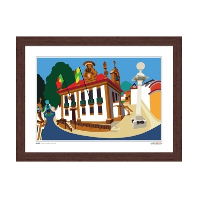 Ilustração colorida de edifício tradicional português com bandeiras e coluna em moldura castanha