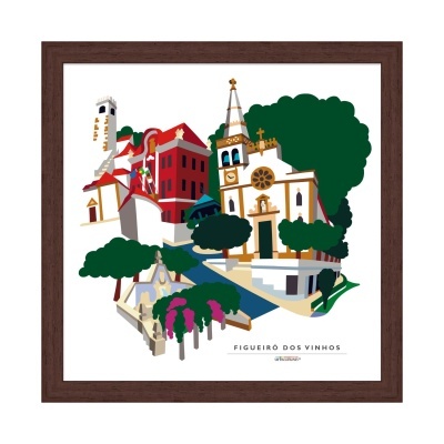 Quadro ilustrativo da cidade de Figueiró dos Vinhos com edifícios e árvores