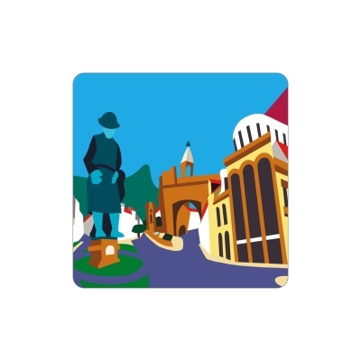 Ilustração digital de uma cidade com estátua azul, edifícios amarelos e arco castanho