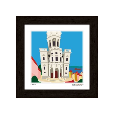 Quadro com ilustração digital de edifício branco em Lisboa sobre céu azul