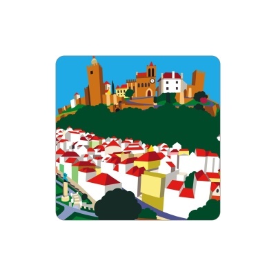 Ilustração colorida de castelo e casas com telhados vermelhos e paredes brancas e amarelas