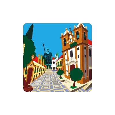 Ilustração digital de praça com estátua, árvores e edifícios com telhados vermelhos