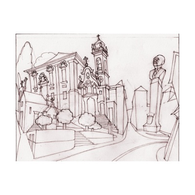 Desenho a tinta de rua antiga com igreja, escadaria, árvores e estátua