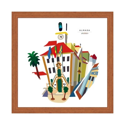 Ilustração colorida de edifício com torre e relógio e moldura de madeira