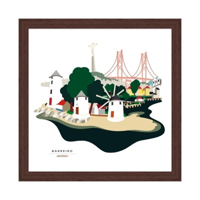 Ilustração emoldurada de Barreiro com moinhos, casas, ponte e mar