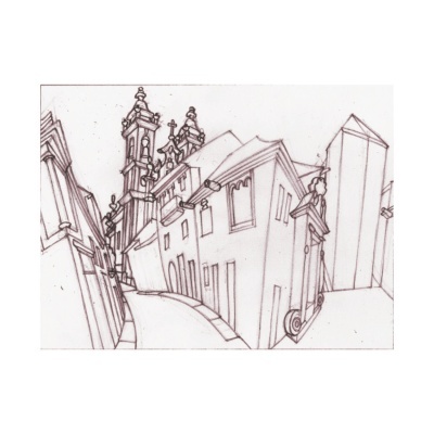 Desenho a preto e branco de uma rua urbana com edifícios e igreja