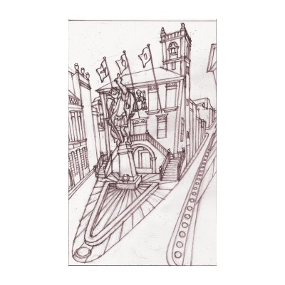 Desenho a lápis de monumento com estátua e bandeiras em ambiente urbano histórico