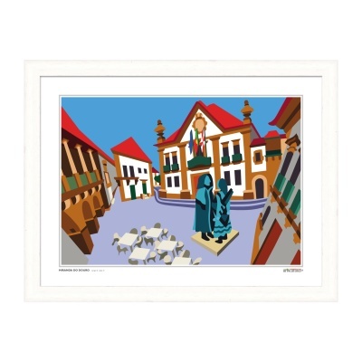 Quadro emoldurado com imagem digital colorida de praça urbana e estátua azul