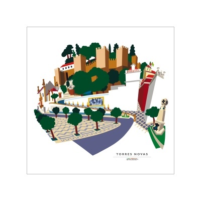 Ilustração gráfica colorida da cidade de Torres Novas com castelo e árvores