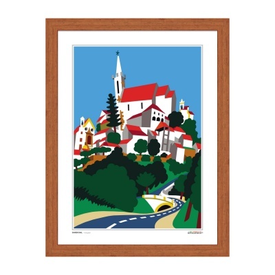 Quadro ilustrativo de vila com igreja, casas e estrada, emoldurado em madeira