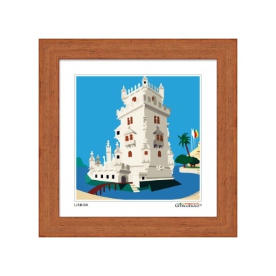 Imagem estilizada da Torre de Belém em moldura de madeira