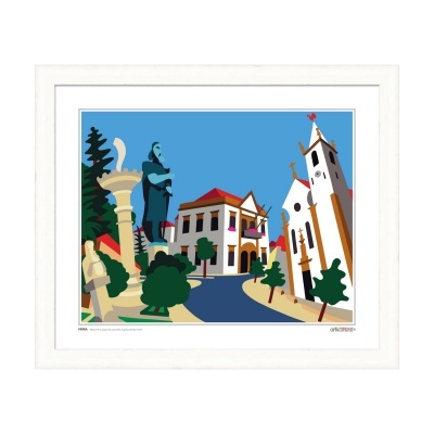 Ilustração estilizada de estátua, edifício e igreja com céu azul