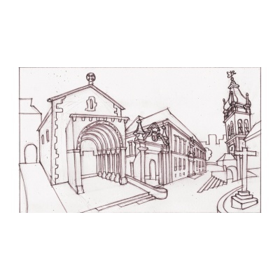 Desenho a tinta de edifícios históricos com igreja e torre sineira em preto e branco