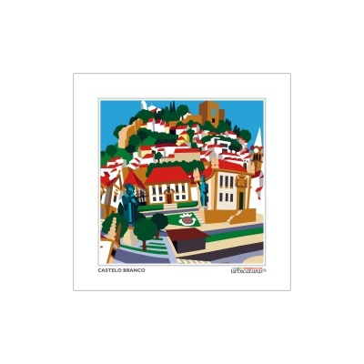 Ilustração colorida de uma cidade com castelo e casas