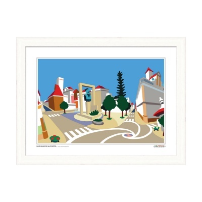 Arte mural colorida de construções e árvores em moldura branca.