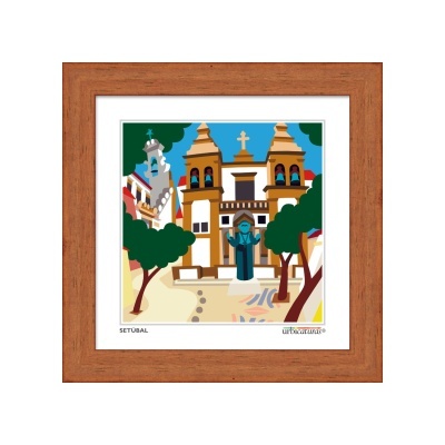 Ilustração colorida de igreja em Setúbal em moldura de madeira