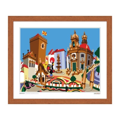 Ilustração colorida de edifícios históricos com galo preto e céu azul em moldura de madeira