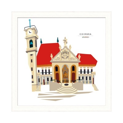 Ilustração de edifício histórico em Coimbra com torre de relógio e teto vermelho
