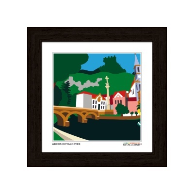 Ilustração colorida de Arcos de Valdevez com ponte, edifícios e natureza