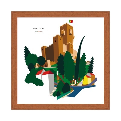 Ilustração do castelo de Sabugal com casas e árvores