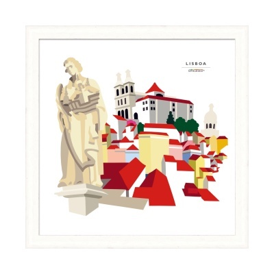 Ilustração artística colorida de Lisboa com estátua e edifícios com telhados vermelhos