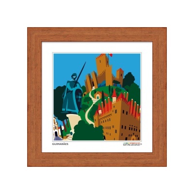 Ilustração colorida de castelo e estátua em moldura de madeira castanha