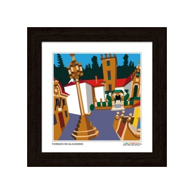 Imagem gráfica de vila pintada emoldurada com texto FORNOS DE ALGODRES