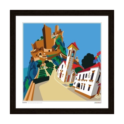 Ilustração colorida de edifícios históricos e castelo numa colina, com moldura preta