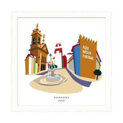 Arte digital colorida representando pontos turísticos de Guimarães com texto AQUI NASCEU PORTUGAL em moldura branca