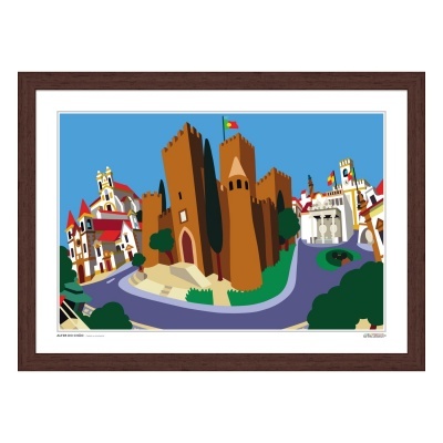 Quadro decorativo com castelo e edifícios coloridos em moldura de madeira escura