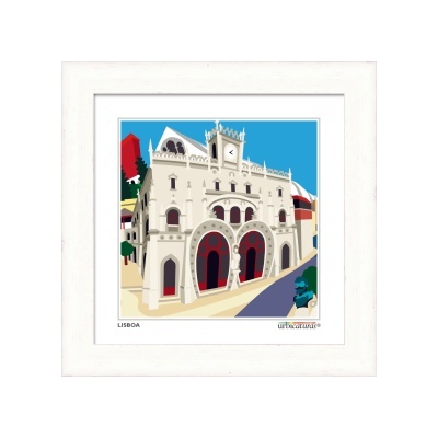 Ilustração de edifício histórico em Lisboa em moldura branca