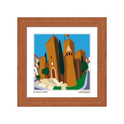 Quadro de madeira com imagem ilustrada de castelo e texto ALTER DO CHÃO