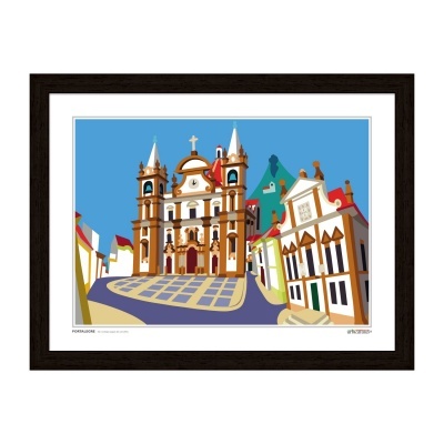 Ilustração emoldurada de igreja barroca e edifícios coloridos